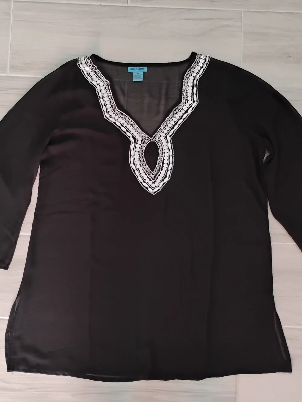 Aqua Blue Embroidered Embellished Black V-Neck Kaftan Swim Cover-Up Sz XL